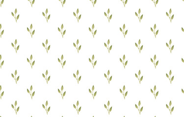 Seamless plants pattern with green watercolor leaves on white background. Simple minimalism layout.
