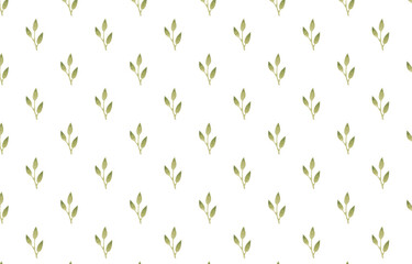 Seamless plants pattern with green watercolor leaves on white background. Simple minimalism layout.