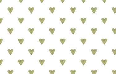 Seamless pattern with green watercolor hearts on white background. Simple minimalism layout.