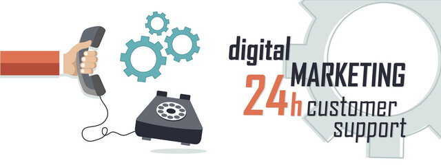 Live support concept. Business customer care service concept. Icon for contact us, support, help, phone call and website click. Flat vector illustration banner