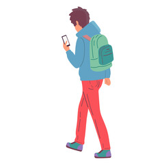 Guy traveler with a backpack. Uses the navigator on the phone. Hiking. Vector illustration.