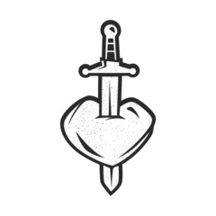 Black and white icon of heart pierced by sword, symbol of grief. Vintage tattoo design, old school. Vector illustration