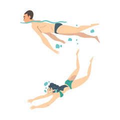 People swimming and diving in water set cartoon vector illustration