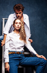 young pretty boy and girl friends happy smiling together in interior, emotional couple, lifestyle people concept