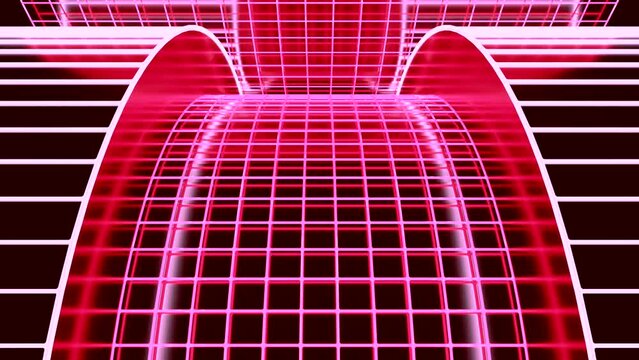 Moving cyber road with grid. Design. Virtual cyber track made of nylon mesh. Cyberpunk road in virtual space. Moving racing pots from cyber grid