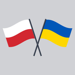 Poland and Ukraine flag on stick crossed. Vector icon flat design.