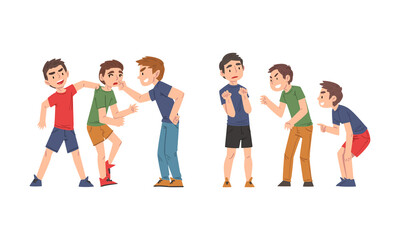 Obraz premium Conflicts between children set. Boys getting bullied in school cartoon vector illustration