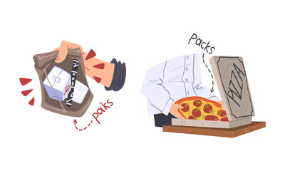 Cookers packing pizza and noodles in paper boxes set cartoon vector illustration