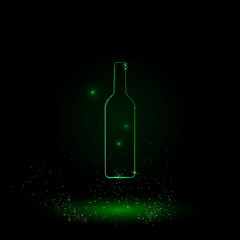A large green outline beer bottle symbol on the center. Green Neon style. Neon color with shiny stars. Vector illustration on black background