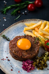 Steak tartare appetizer classic. Grade a Kobe beef mixed with eggs, red onions and capers