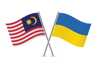 Malaysia and Ukraine crossed flags. Malaysian and Ukrainian flags, isolated on white background. Vector icon set. Vector illustration.