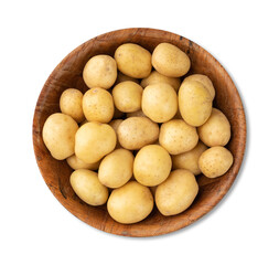 Tiny potatoes in a bowl isolated over wooden table