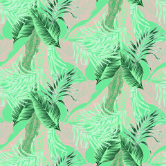 Fototapeta na wymiar vector seamless stylish trendy tropical patterns with exotic leaves in custom bright colors. Vector lush foliage for stylish pattern surface design