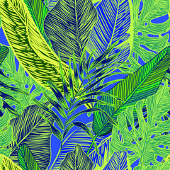 vector seamless stylish trendy tropical patterns with exotic leaves in custom bright colors. Vector lush foliage for stylish pattern surface design