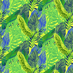 vector seamless stylish trendy tropical patterns with exotic leaves in custom bright colors. Vector lush foliage for stylish pattern surface design