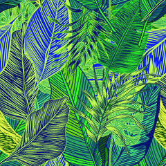 vector seamless stylish trendy tropical patterns with exotic leaves in custom bright colors. Vector lush foliage for stylish pattern surface design
