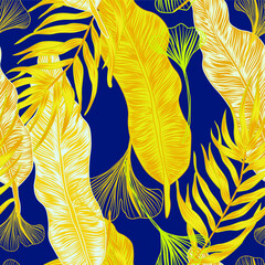 vector seamless stylish trendy tropical patterns with exotic leaves in custom bright colors. Vector lush foliage for stylish pattern surface design