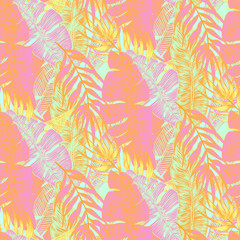 Fototapeta na wymiar vector seamless stylish trendy tropical patterns with exotic leaves in custom bright colors. Vector lush foliage for stylish pattern surface design