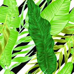 vector seamless stylish trendy tropical patterns with exotic leaves in custom bright colors. Vector lush foliage for stylish pattern surface design