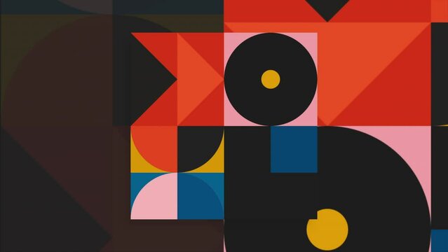 Abstract colorful background in 2D flat style. Motion. Cartoon animation of moving geometric contrasting bright figures, children studies concept.