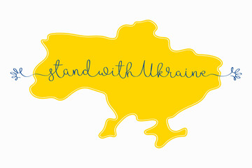 Stand with Ukraine. Vector illustration of Ukrainian map and continuous one line lettering with abstract hands isolated on white background for your design