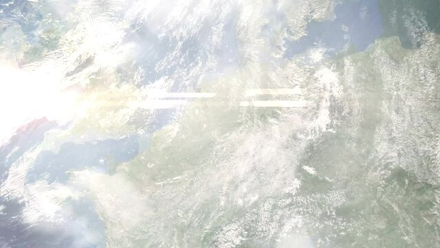 Earth zoom in from outer space to city. Zooming on Mulheim an der Ruhr, Germany. The animation continues by zoom out through clouds and atmosphere into space. Images from NASA