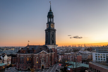 Hamburg, Germany, Panorama over Hamburg's city. With the main church St. Michaelis