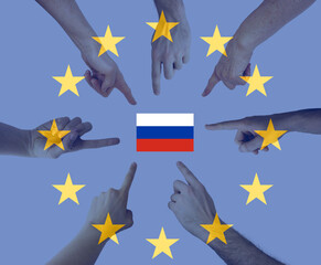 hand pointing on russia flag with european union flag overlay war political concept
