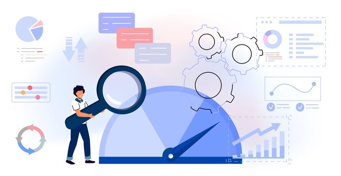 Benchmarking concept Business compare tool for improvement Performance, quality and cost comparison to competitor companies Idea of benchmark business development Vector illustration