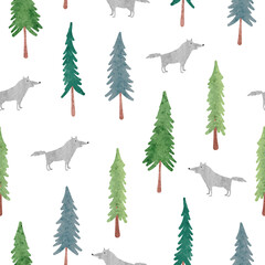 Seamless woodland pattern with wolf and fir trees. Vector childish watercolor illustration.