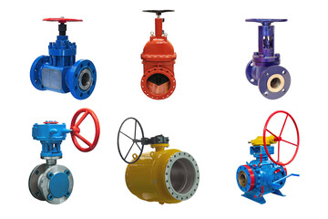 six valves of various designs with manual control for a gas pipeline on a white background - 490403923