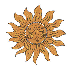 Decorative sun sketch in doodle style. Flat vector illustration in golden color on white background