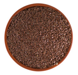 Flax seeds in brown bowl, isolated on white background