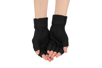 Woman hands in warm gloves isolated on white background.