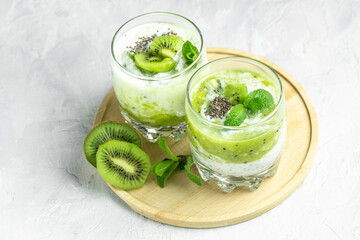Chia seed pudding made with lactose-free yogurt, kiwi and mint, Delicious breakfast or snack, banner, menu, recipe, place for text,