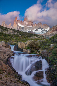 Waterfall with Mt. Fitz roy in the background, Los Glaciares National Park, El Chalt�n, Patagonia, Argentina.