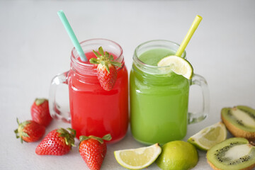 Strawberry juice and kiwi and green lime juice smoothie