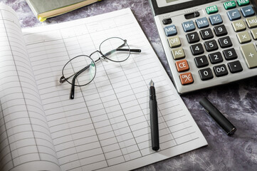 Account book and calculator. Soviet book of accounting and accounting. Finance and accounting.