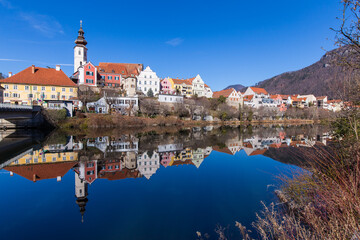 The picturesqueue scape of Frohnleiten in Austria with the river Mur in Styria, Austria