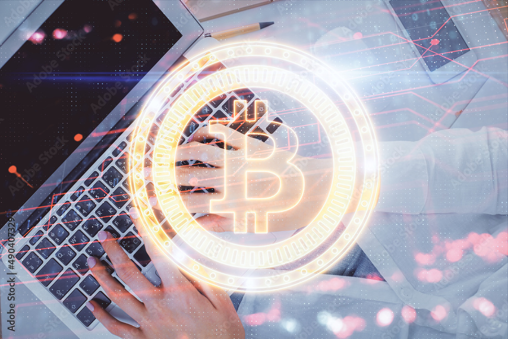 Poster double exposure of woman hands working on computer and blockchain theme hologram drawing. top view. 