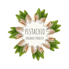 Vector pistachio label for package. Collection with different nuts labels: hazelnut, walnut, pistachio, peanut, brazil nut, cashew, almond. Organic and natural food. Craft background