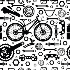 Bicycles.  Seamless pattern. Bicycle parts of bolts, nuts, stars for services, repair shops. Vector  image.