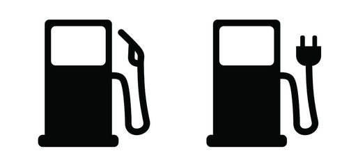 Cartoon filling station. Petrol pump or electric plug. Electrical cable plugs with pump. electric parking, charge pin location. gas station icon. Vector symbol or pictogram. For car refill location. - obrazy, fototapety, plakaty