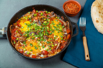 Shakshuka in a frying pan on a gray background next to a fork and spices on a blue napkin and a tortilla.