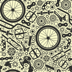 Bicycles.  Seamless pattern. Bicycle parts of bolts, nuts, stars for services, repair shops. Vector  image.