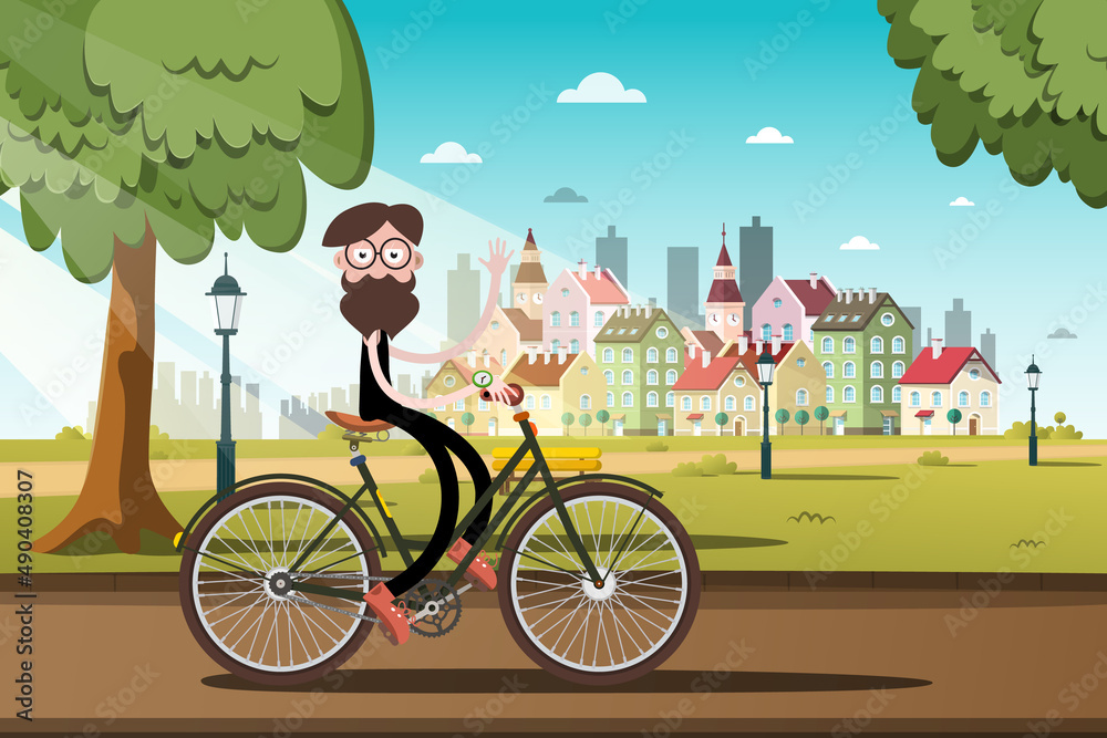 Poster Man drives a bike with city park on background - vector cartoon