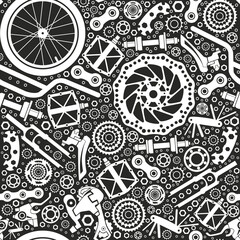 Bicycles.  Seamless pattern. Bicycle parts of bolts, nuts, stars for services, repair shops. Vector  image.