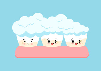 Cute tooth with yellow tartar plaque clean with toothpaste. Teeth character in gum stain treatment, remove calculus cleaning, whitening concept. Flat cartoon vector illustration. Dental kids hygiene.