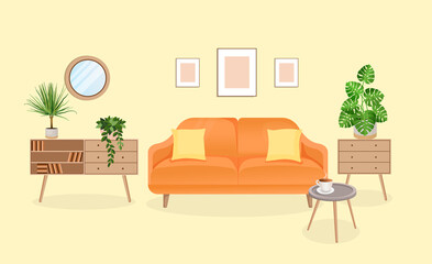 Modern living room interior with furniture and house plants. Design of a cozy room with a sofa and home decor items. Restroom. Vector flat style illustration.