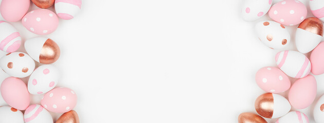 Easter egg double border. Rose gold, pastel pink and white colors on a white banner background. Copy space.